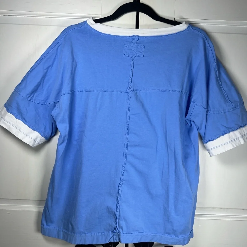 Oversized T-shirt Sky Blue White Trim Exposed Seams Throughout No Tags - Picture 2 of 6